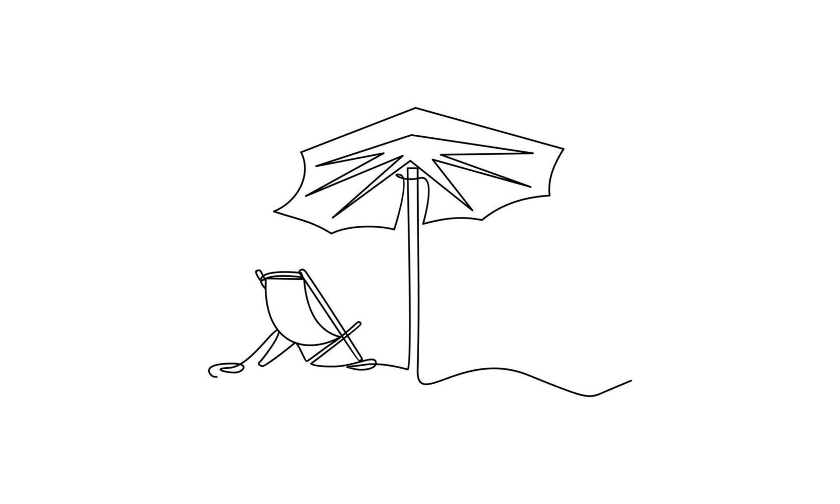 sommerferienkonzept im strichzeichnungsstil. Küste des Meeres, Regenschirm, Leute, die sich auf a entspannen vektor