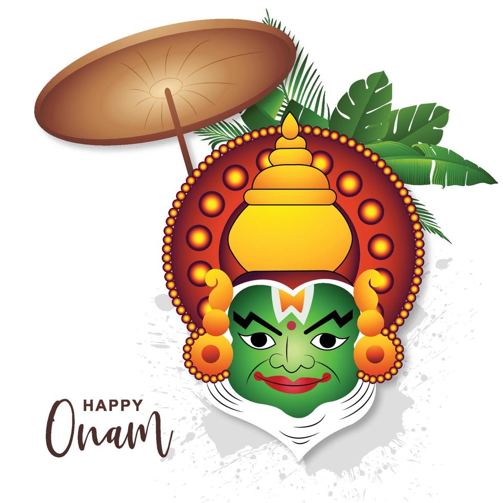 illustration av hälsning kort för söder indisk festival onam med kathakali ansikte bakgrund vektor