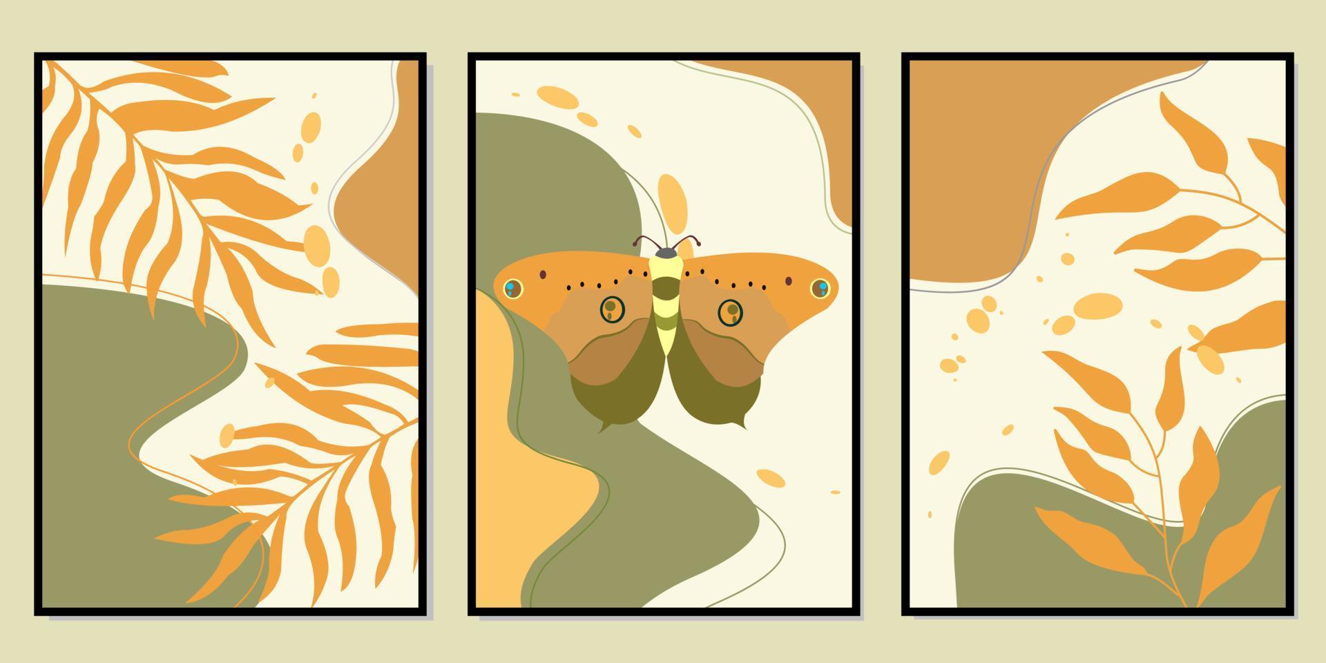 Reihe von ästhetischen Wanddekor-Designs. brauner Hintergrund mit Schmetterlings- und Blattsilhouetten vektor