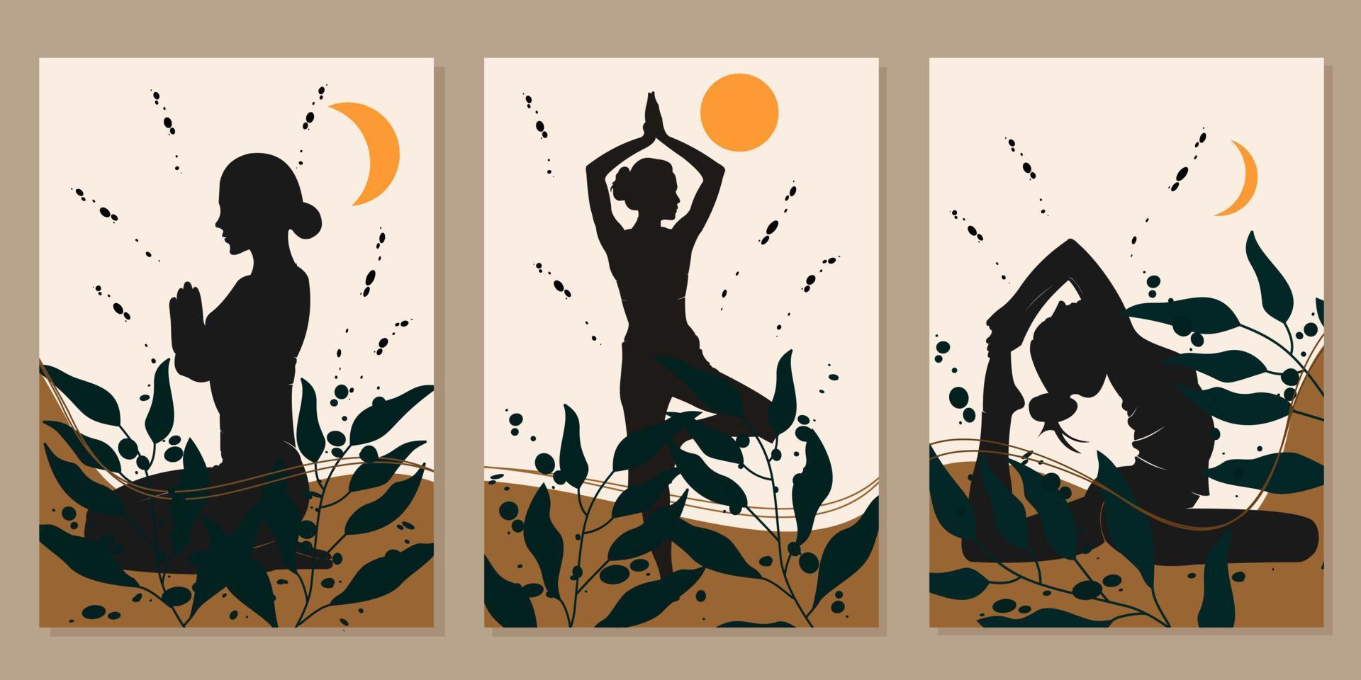 Reihe von Silhouetten-Wandbehängen von Frauen, die Yoga und abstrakte Blätter posieren. natürlichen Hintergrund vektor