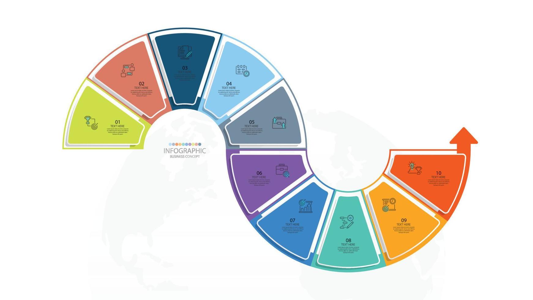 Grundlegende Kreis-Infografik-Vorlage mit 10 Schritten, Prozess oder Optionen, Prozessdiagramm, verwendet für Prozessdiagramm, Präsentationen, Workflow-Layout, Flussdiagramm, Infograph. eps10-Vektorillustration. vektor