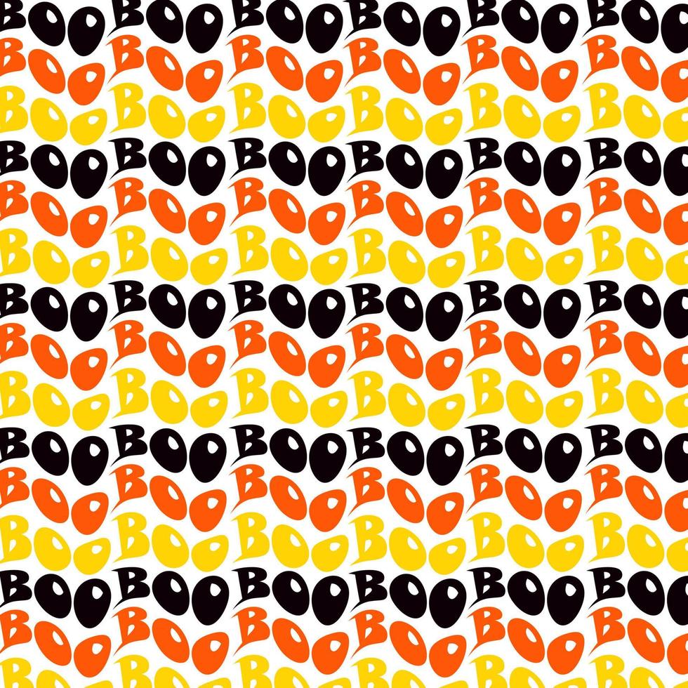 Halloween-Muster Boo orange gelb schwarz Typografie Wortdesign für Tassen, T-Shirts, Verpackungen, Verpackungen, Geschenke, Karten, Grüße, Tags, vektor