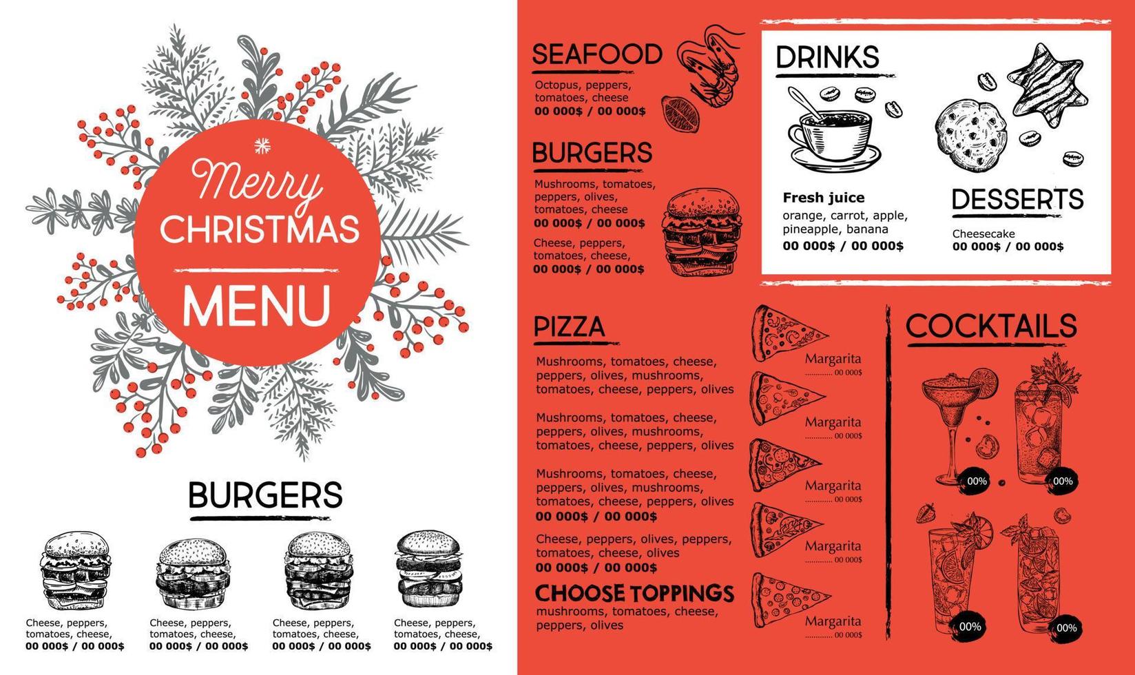 Weihnachtsmenü Café. Lebensmittel-Flyer. Speisekarte. Vorlagendesign. vektor
