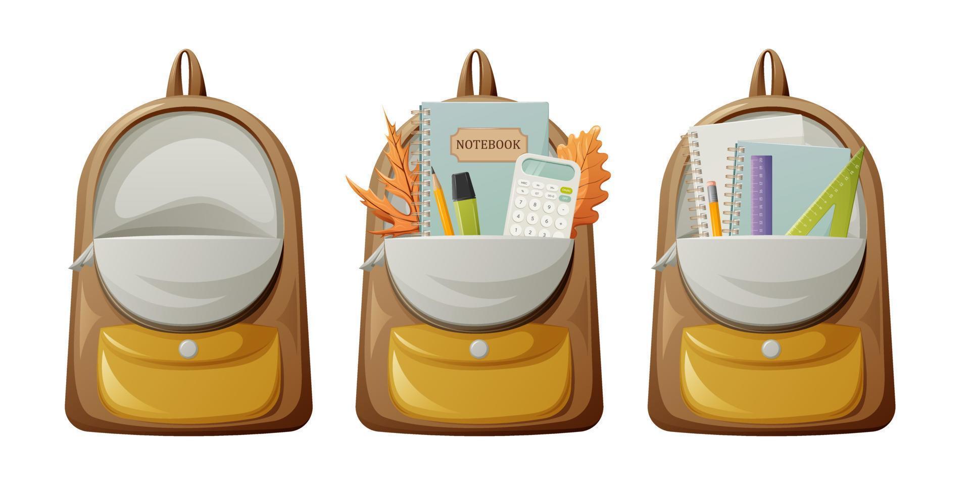 satz offene rucksäcke mit schulmaterial, notizblöcken, lineal und dreieck, taschenrechner, marker und bleistift. Tasche für Studenten und Schüler vektor
