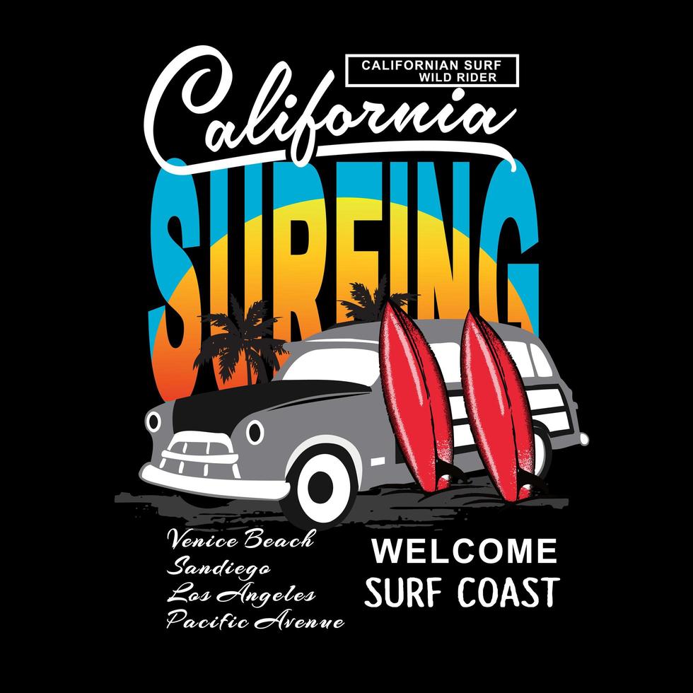Kalifornien Grafik mit Auto und Surfbrettern für Hemd vektor