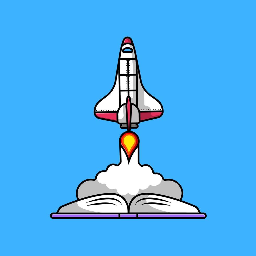 Plats shuttle sjösättning på bok tecknad serie vektor ikon illustration. platt tecknad serie begrepp