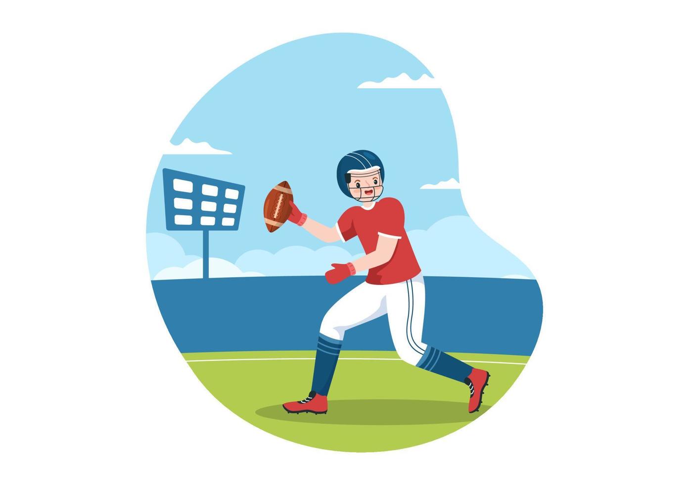 American-Football-Sportspieler mit dem Spiel verwendet einen ovalen Ball und ist braun auf dem Feld, handgezeichnete Cartoon-Flachillustration vektor