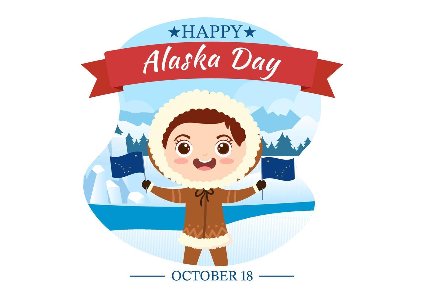 glücklicher alaska-tag am 18. oktober handgezeichnete flache illustration der karikatur mit fahnenschwenken in der winterlandschaft in der vorlage für banner oder plakat vektor