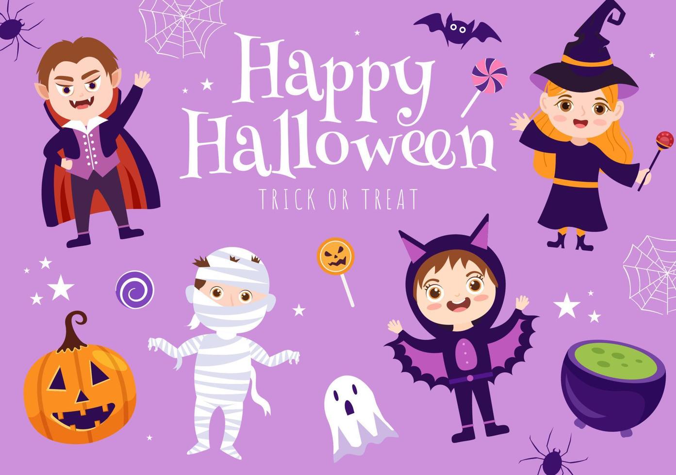 glückliche halloween-schablonenhintergrund-handgezeichnete flache illustration der karikatur mit kindern, die verschiedene kostüme, spukhaus, kürbisse, fledermäuse und vollmond tragen vektor