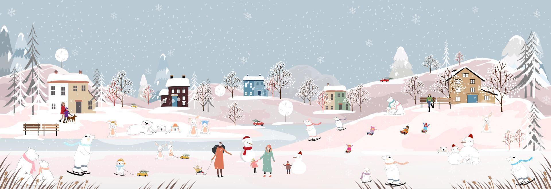 vinter- landskap med Lycklig människor, polar Björn och kanin spelar is skridsko i de park, vektor baner vinter- sagoland kanin och Björn fira i skog, glad jul och ny år 2023 bakgrund