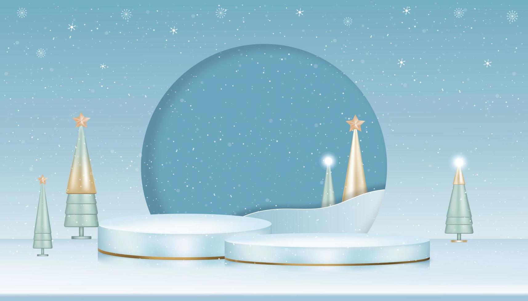 vinter- bakgrund, 3d podium plattform med geometrisk former och snöflinga på blå bakgrund, vektor baner för ny år 2023 och jul Semester mönster för kampanj, rabatt, försäljning