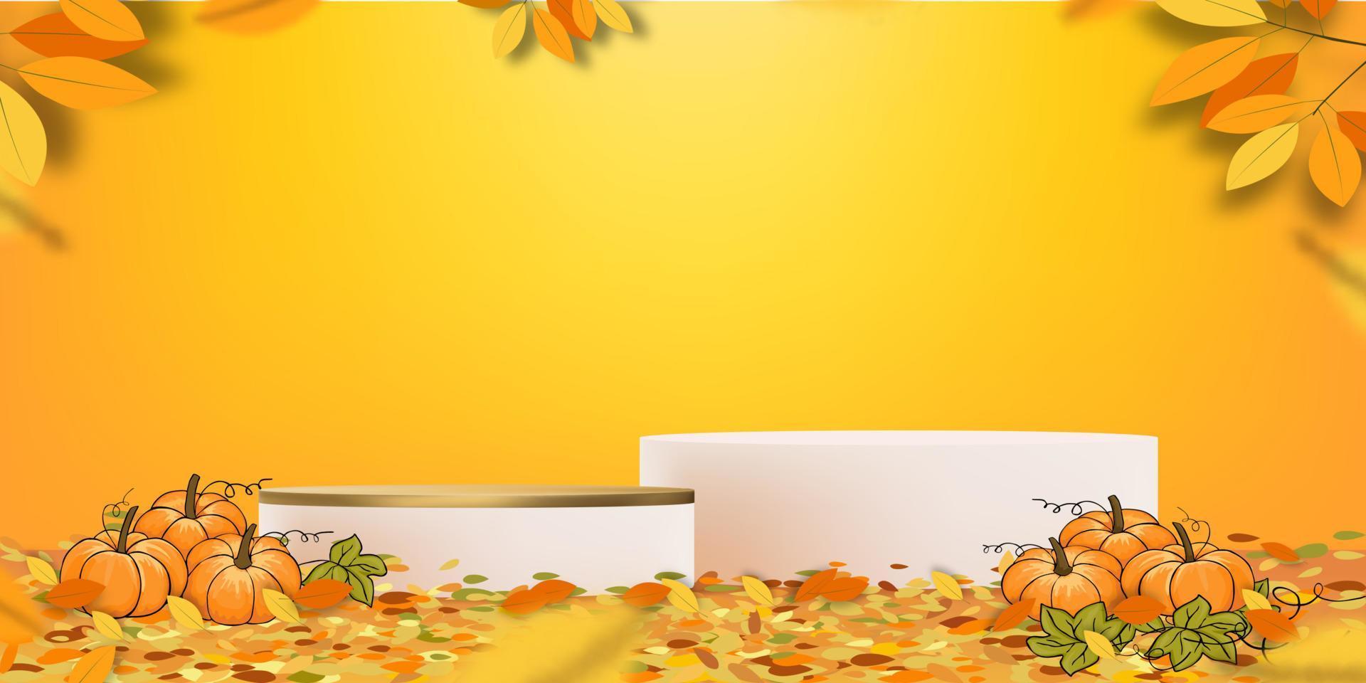 Herbsthintergrund 3D-Podium-Display-Zylinderständer mit Kürbis- und Ahornblättern auf orangefarbener Wand, vektorabstraktes Minimaldesign für Kulissenaufnahmen für Halloween- oder Herbstproduktpräsentation vektor