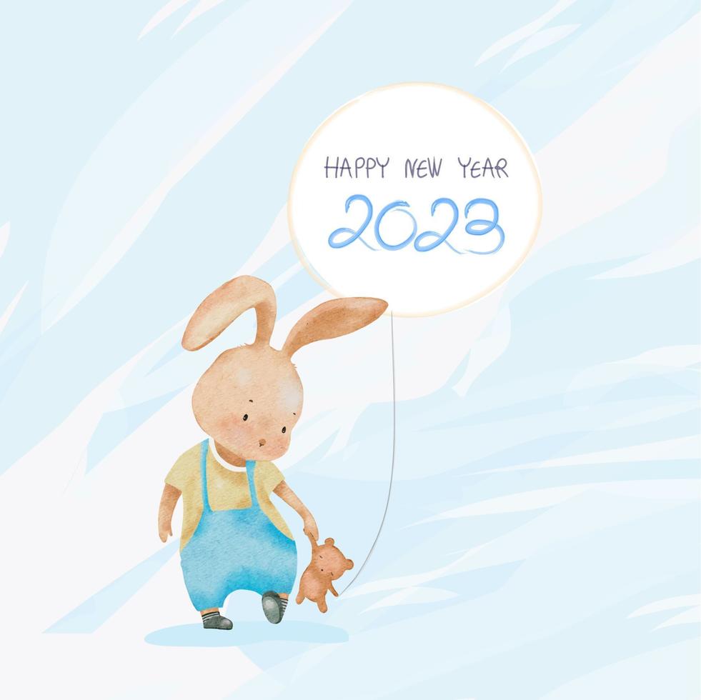 frohes neues jahr 2023, kaninchen, das teddybär und ballon hält, aquarell-handfarben-karikaturhäschen, das mit braunbär spielt, vektor-niedliches tiercharakterelement für grußkarte für das jahr des kaninchens vektor