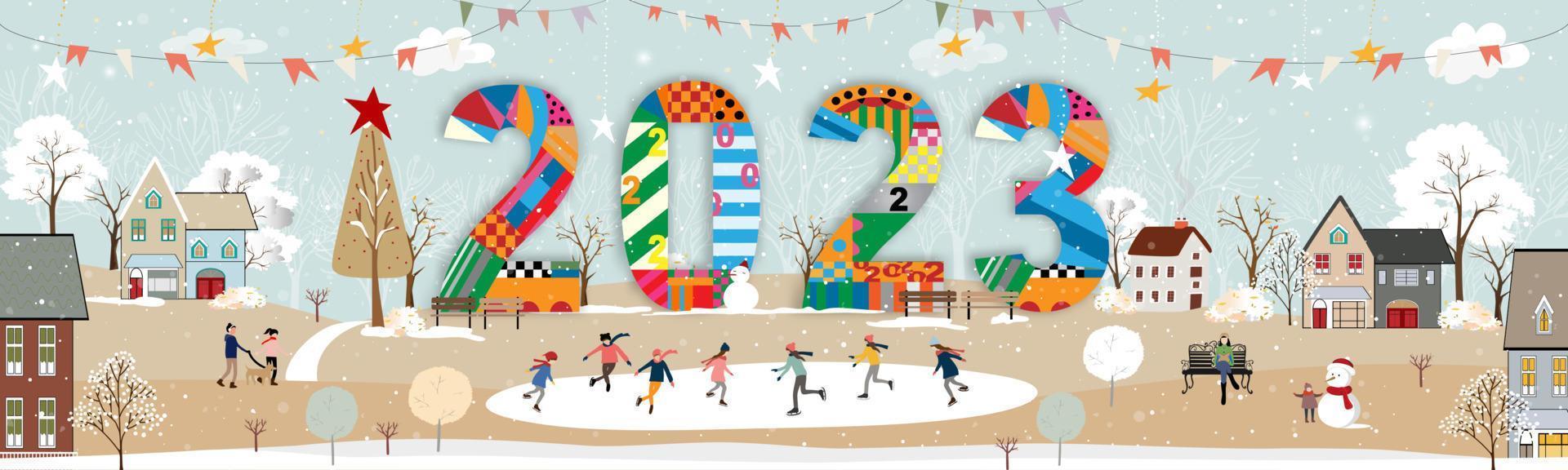 frohes neues jahr 2023 karte, vektor winterlandschaft in der stadt mit menschen, die am weihnachtsabend feiern. winterwunderland in der stadt mit glücklichen kindern, die im stadtpark eislaufen spielen