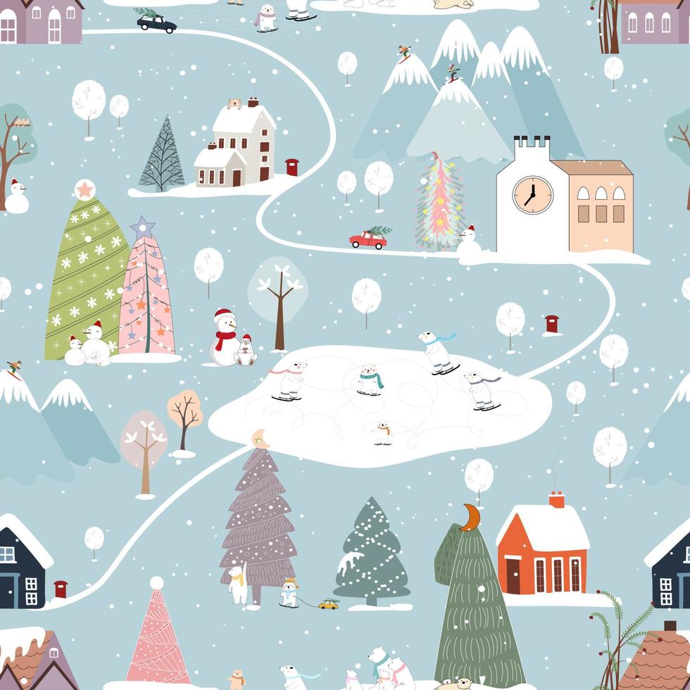 sömlös mönster vinter, jul landskap i de stad med tall träd, älva berättelse hus, bil, polar Björn spelar is skridsko, vektor söt tecknad serie design by på jul eve, nytt år 2023 bakgrund
