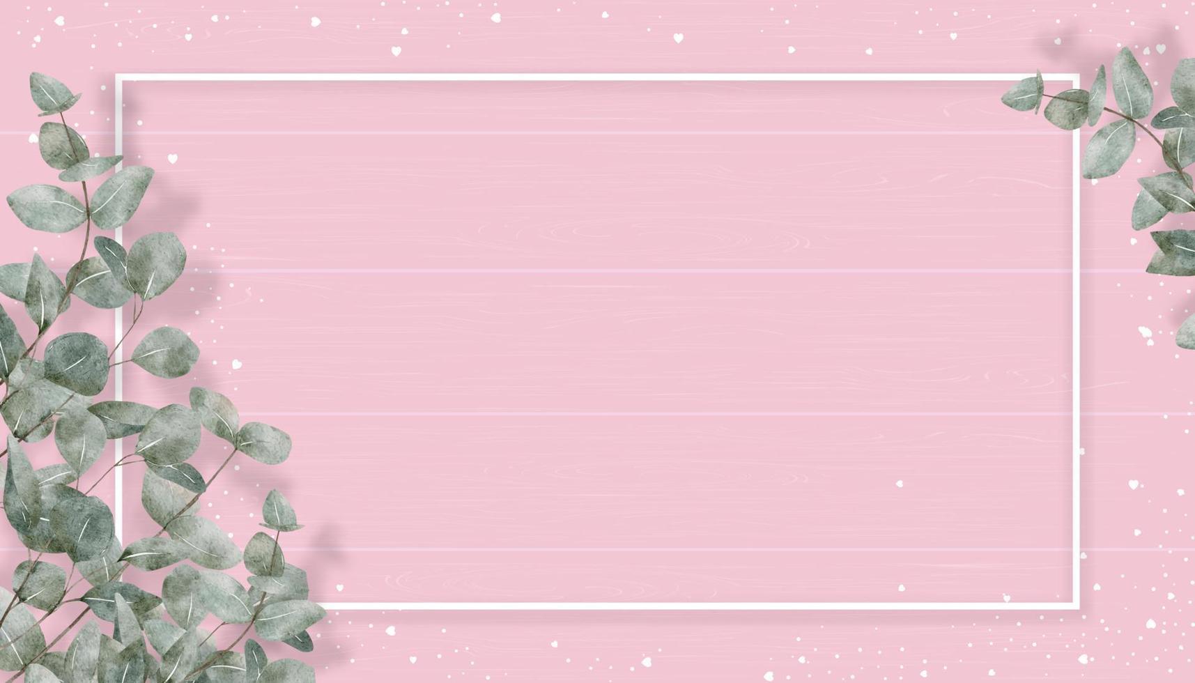 Smother's Day Karte mit Eukalyptuszweigen Blätter Grenze auf rosa Holzhintergrund, Vektor Illustration Hintergrund Aquarell Vintage botanische grüne Blätter Design für Hochzeit, Valentinstag Hintergrund
