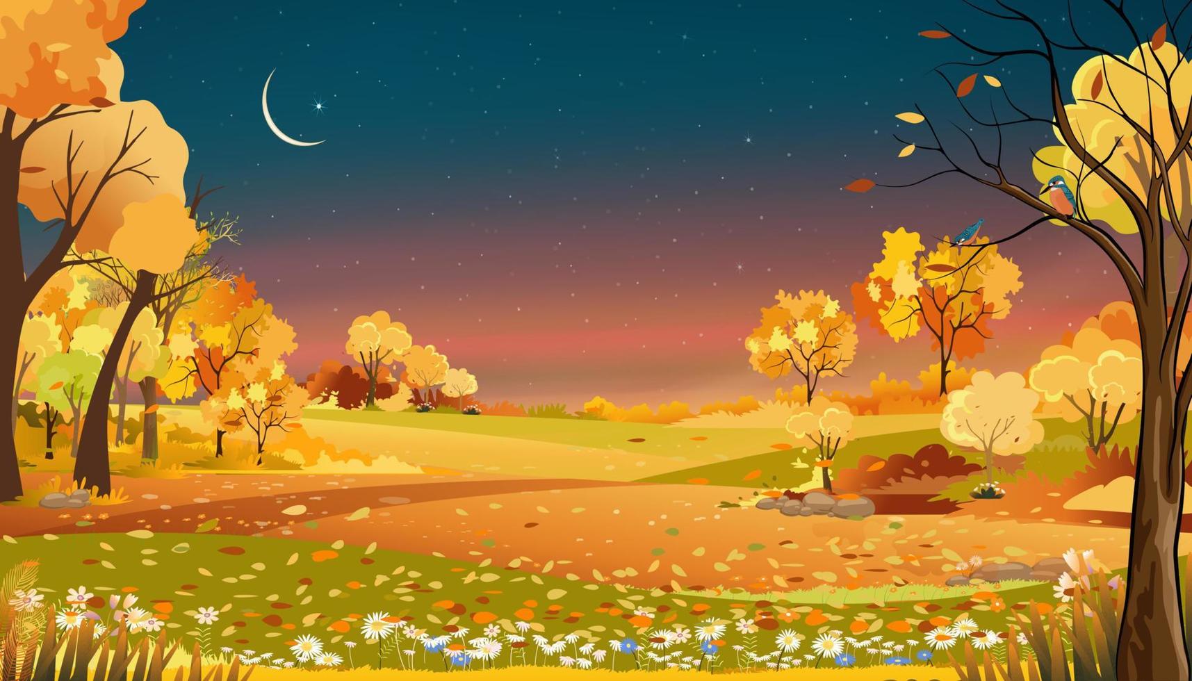 Herbst ländliche Landschaft Bauernhof Felder und Waldbäume mit Orang, blauer Himmel Sonnenuntergang, Vektor Cartoon Banner Hintergrund Bauernhof Feldernte, Landschaft der natürlichen Landschaft mit Sonnenaufgang für den Hintergrund der Herbstsaison