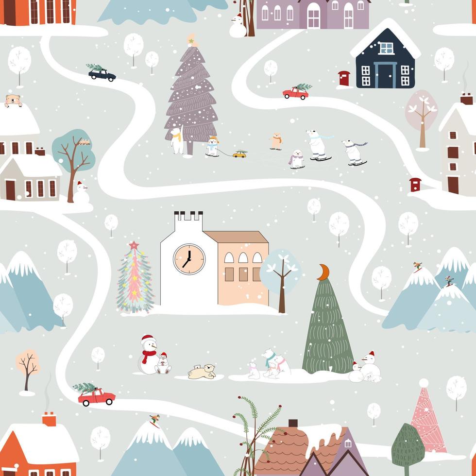 vinter- sömlös mönster, jul landskap i de stad med tall träd, älva berättelse hus, bil, polar Björn spelar is skridsko, vektor söt tecknad serie design by på jul eve, nytt år 2023 bakgrund