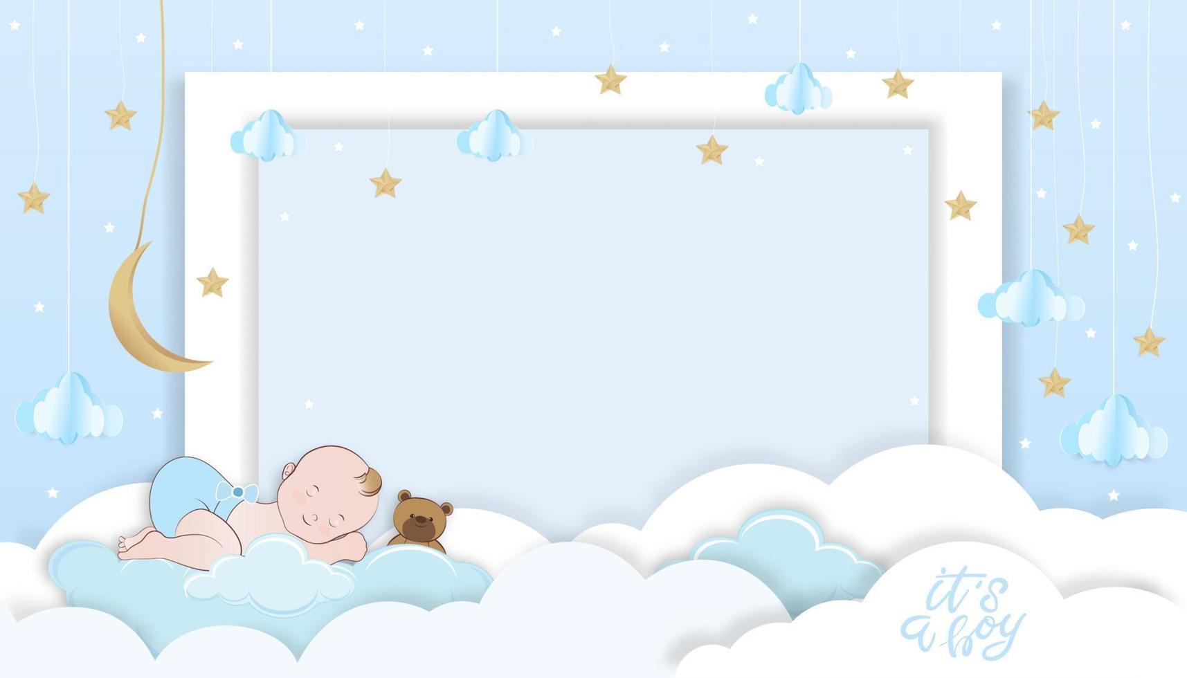 Vektorgrafik für Babyduschenkarte auf blauem Hintergrund, abstrakte Origami-Wolkenlandschaft der Papierkunst, Halbmond und Sterne am blauen Himmel, niedlicher Papierschnitt mit Kopierraum für Babyfotos vektor