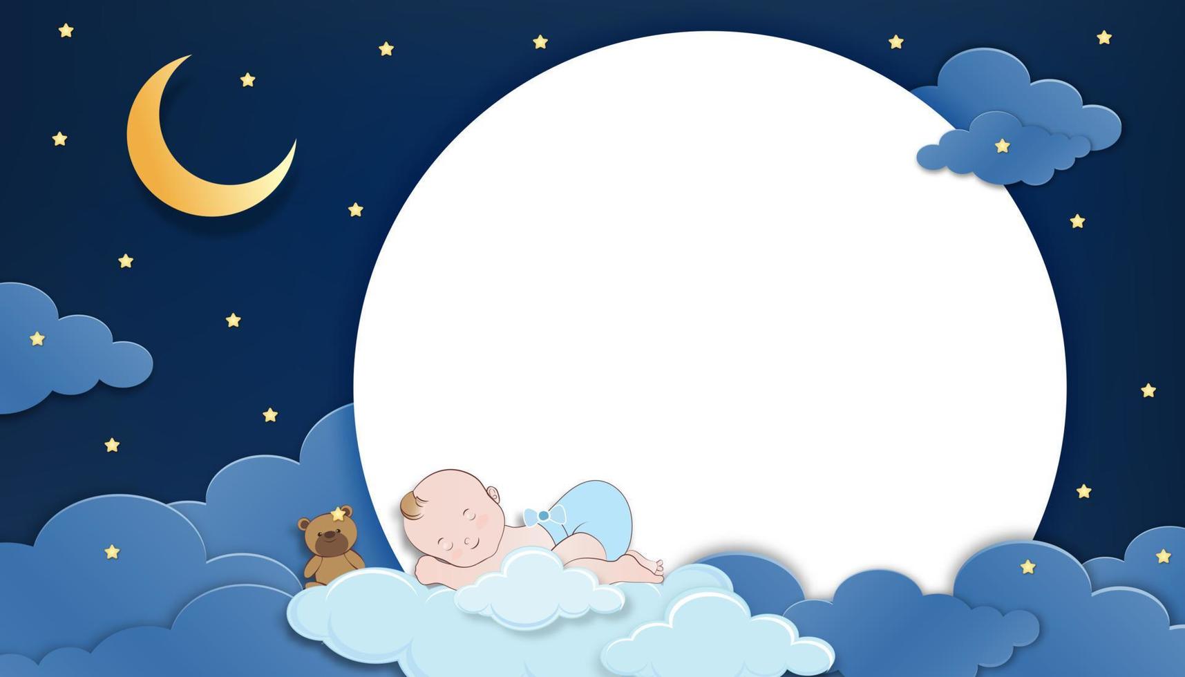 Babyduschkarte, süßer kleiner Junge und Teddybär schlafen auf flauschiger Wolke mit Halbmond und dunkelblauem Himmel bei Nachthintergrund, Vektorpapier geschnittene Wolkenlandschaft mit Kopierraum für Babyfotos vektor
