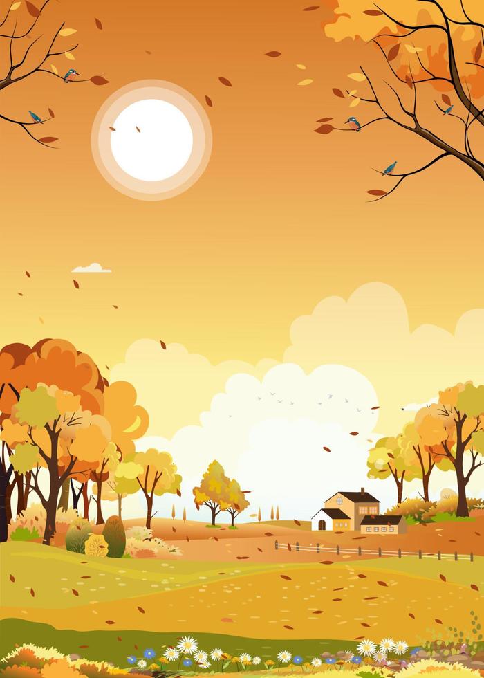 Herbstlandschaft des Bauernhoffeldes mit orangefarbenem Himmel, Wunderland des mittleren Herbstes auf dem Land mit Wolkenhimmel und Sonne, Berg, Grasland in orangefarbenem Laub, Vektorbanner für die Herbstsaison oder herbstlicher Hintergrund vektor