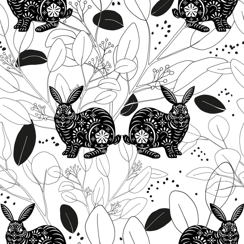 sömlös klotter kanin med eukalyptus löv på vit bakgrund, ny år kinesisk zodiaken 2023 tecken för element, ändlös tyg mönster påsk kanin med blommig fint hare för skriva ut, omslag papper vektor