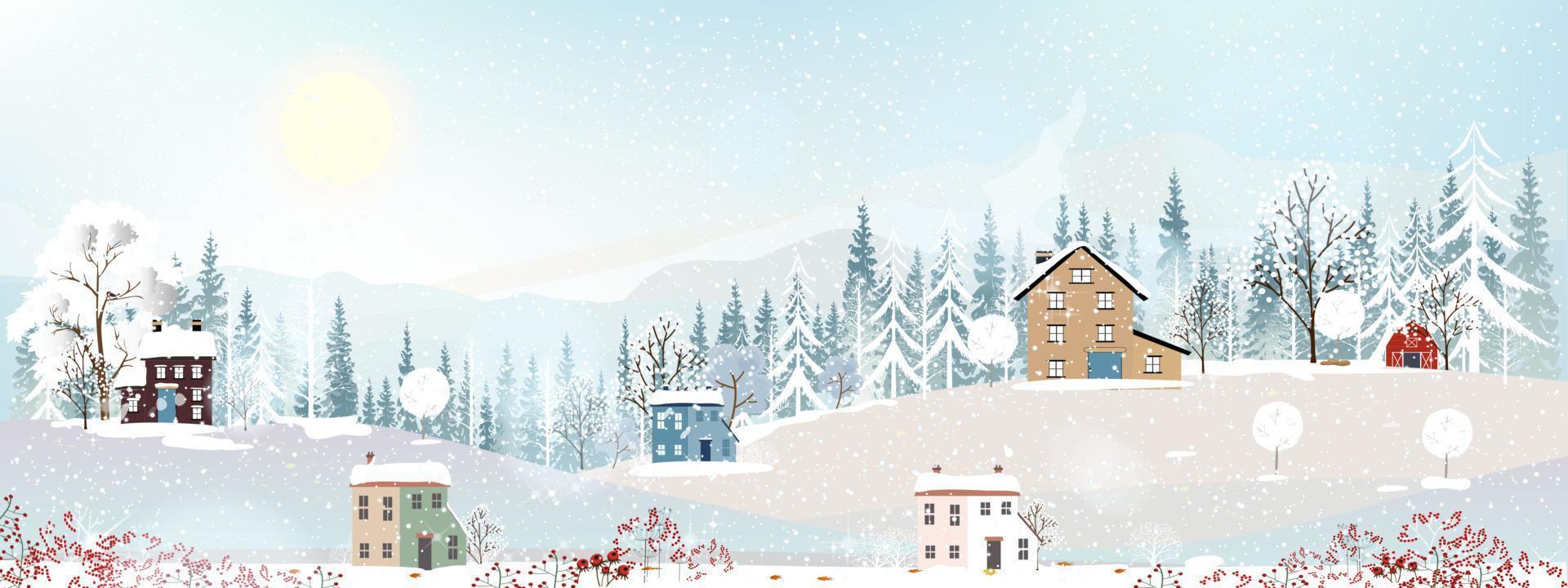 Winterwunderland-Landschaftskarte mit Silhouetten von nebligen Kiefern im Wald mit Holzscheune, Vektorillustrationsbanner friedlicher Natur im minimalistischen Stil für Weihnachten, Neujahrshintergrund vektor