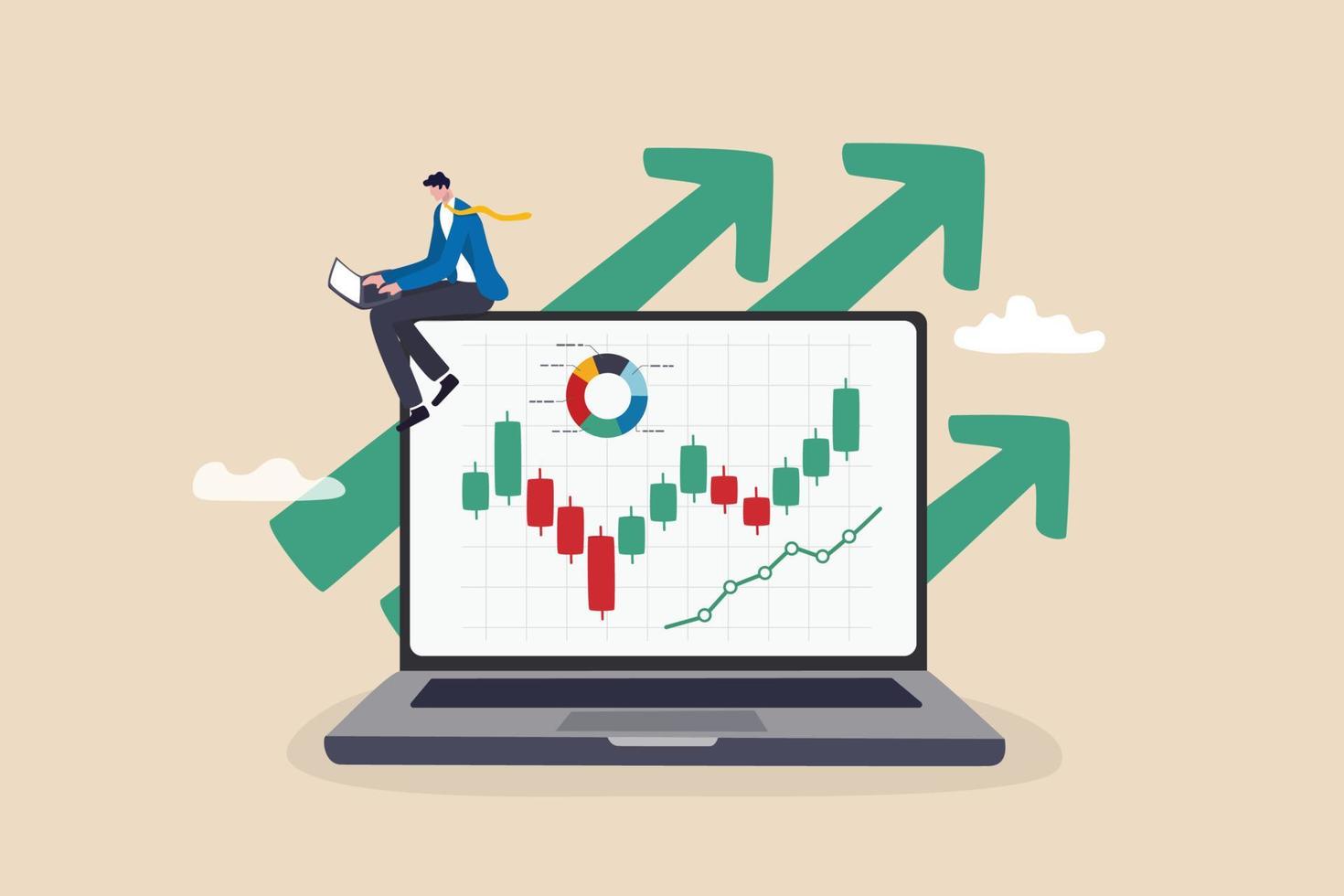 aktienhandel oder kryptowährungsinvestitionen, technische analyse für investitionen, finanzdiagramm und -diagramm, börsen- oder währungswechselkonzept, geschäftsmanninvestor, der laptop verwendet, um diagramm zu handeln. vektor