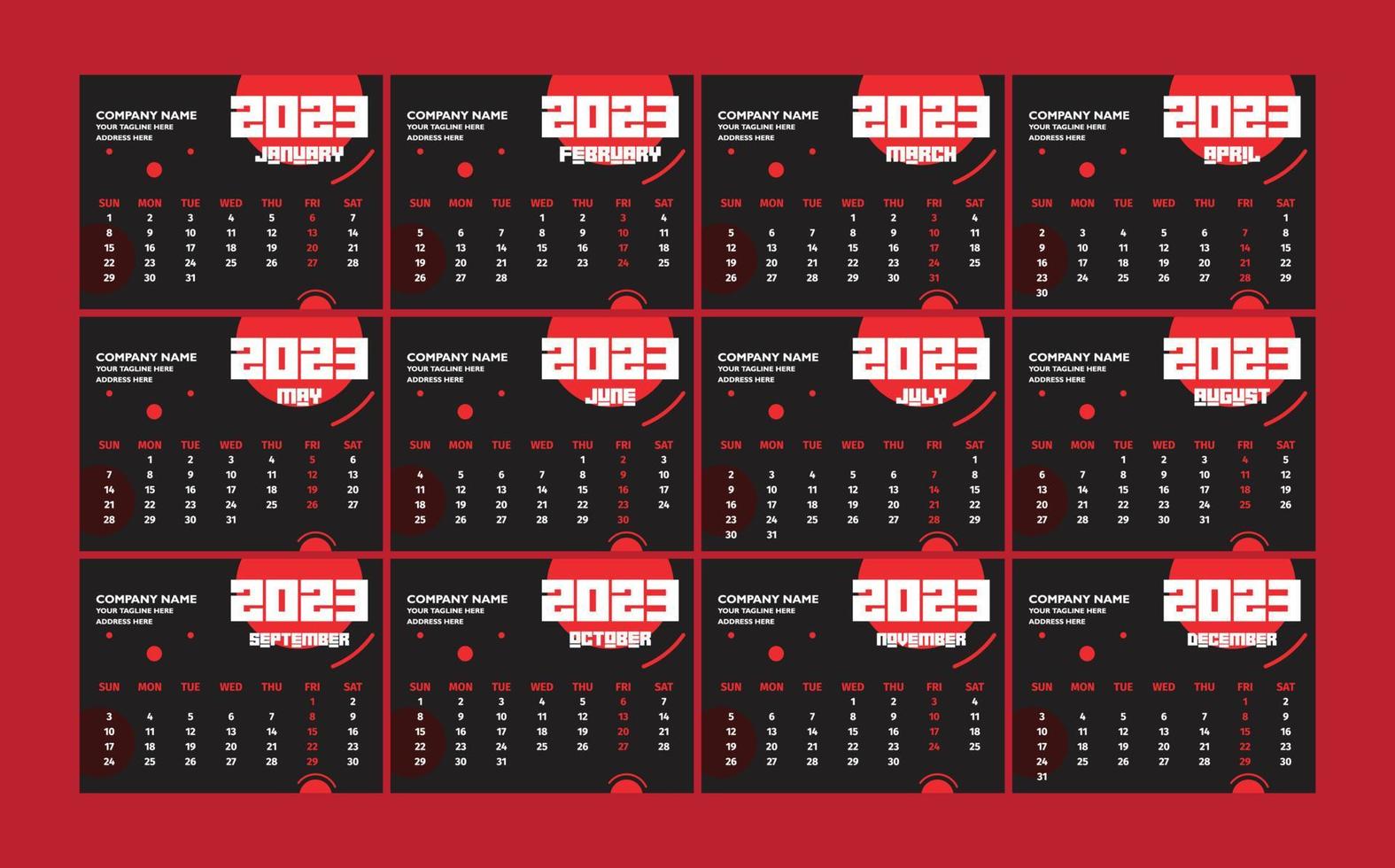 årlig kalender 2023 skriva ut redo eps vektor mall, 12 månader kalender.