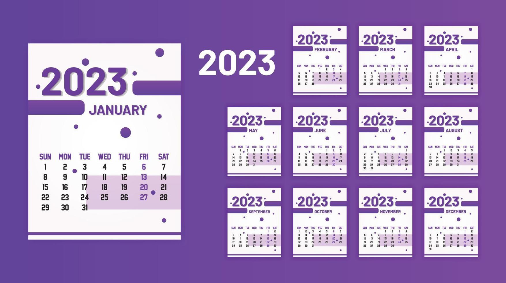 Jahreskalender 2023 druckfertige eps-Vektorvorlage, 12-Monats-Kalender. vektor