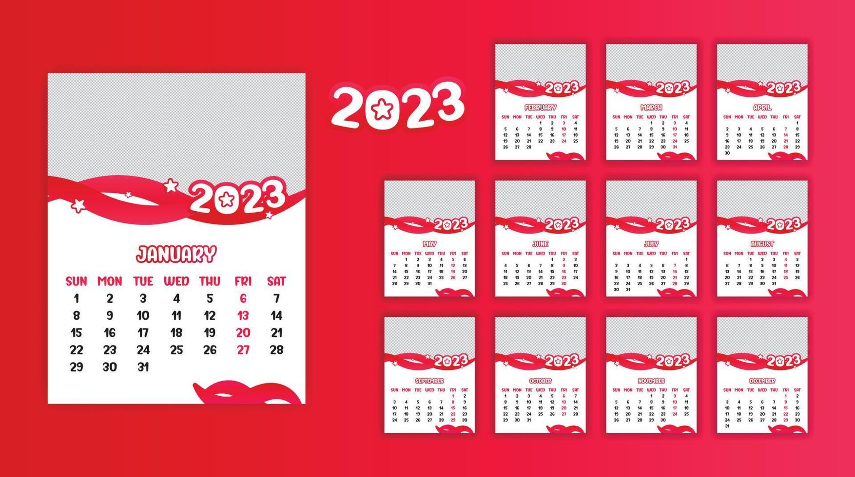 årlig kalender 2023 skriva ut redo eps vektor mall, 12 månader kalender.