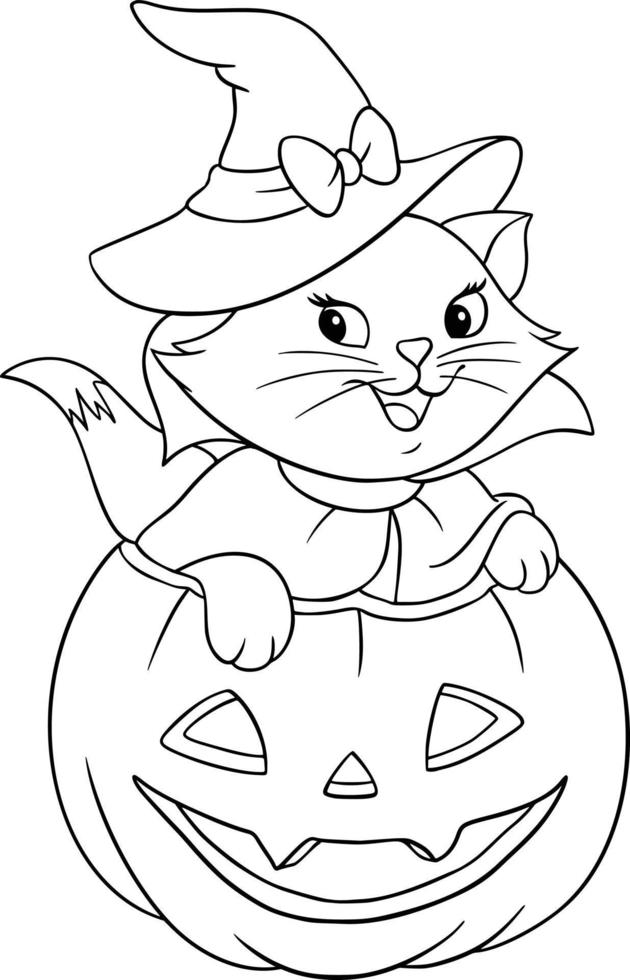 katt i en häxa hatt i en halloween pumpa vektor