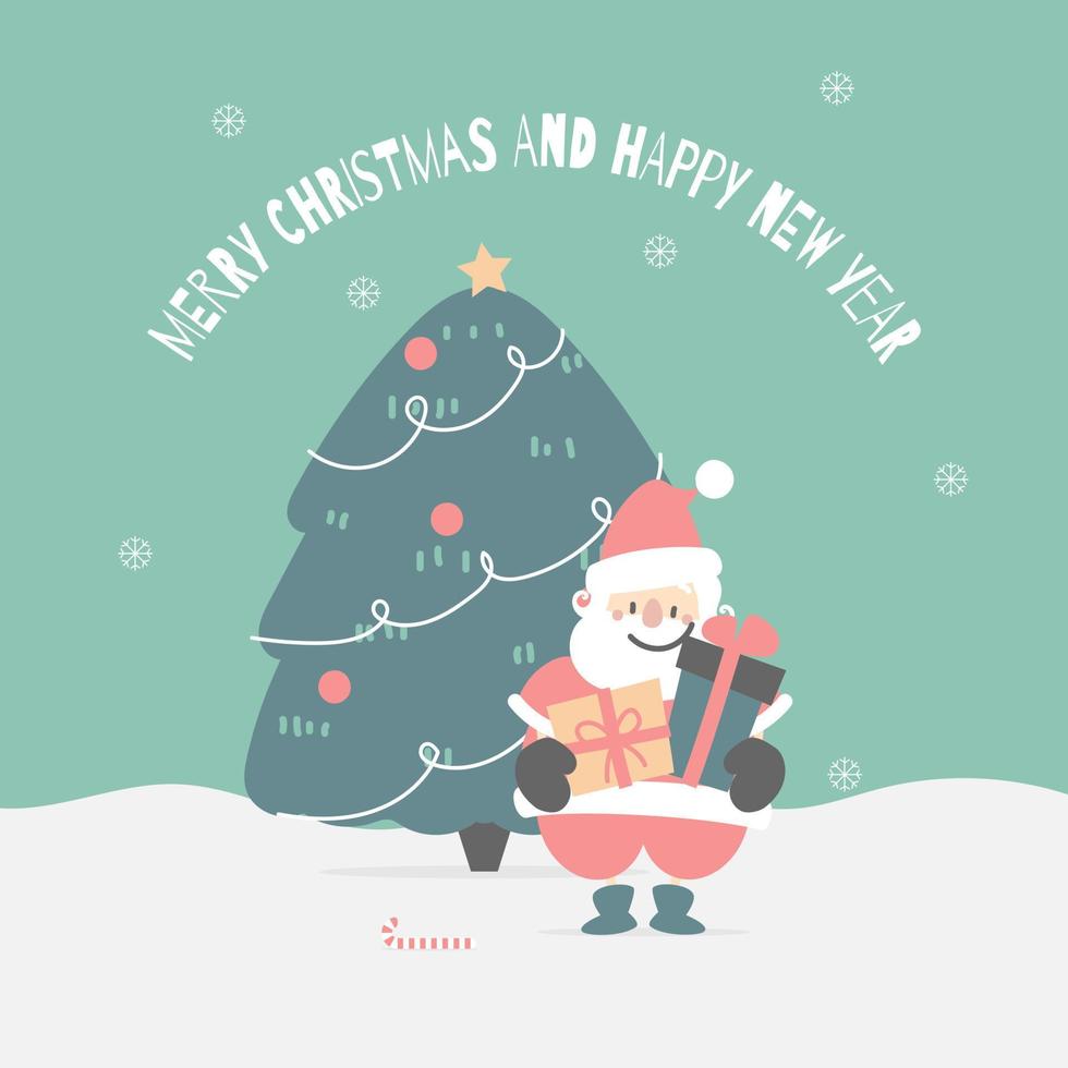 glad jul och Lycklig ny år med söt santa claus innehav gåva låda och jul träd tall i de vinter- säsong grön bakgrund, platt vektor illustration tecknad serie karaktär kostym design