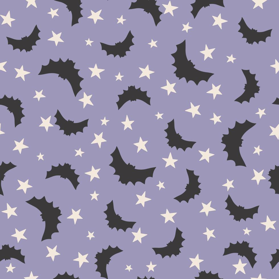 glad halloween söt vektor seamless mönster med tecknad bat, stjärnor. kreativ barnslig textur i skandinavisk stil. perfekt för tyg, textil vektorillustration.