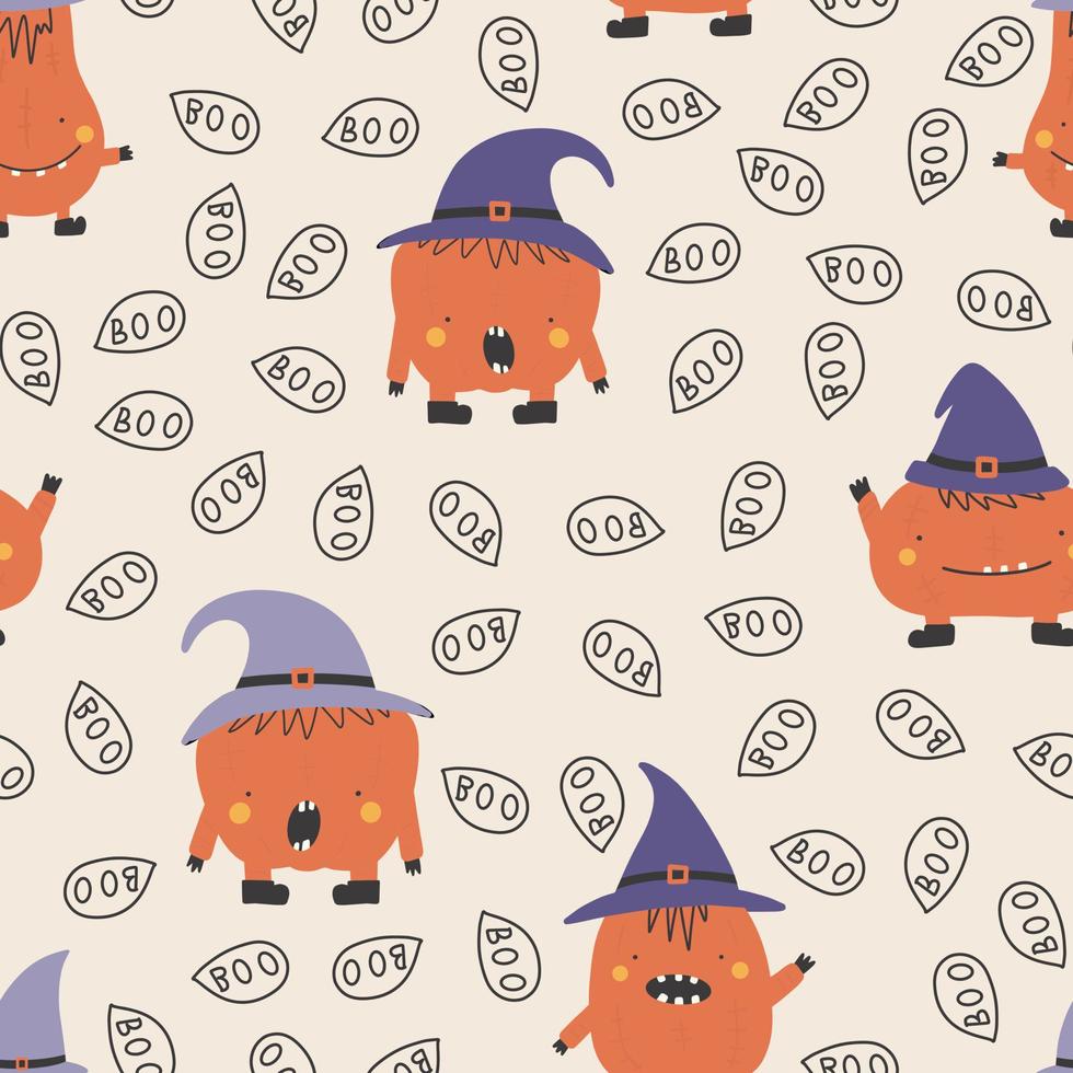 Urlaub Musterdesign mit lustigen Charakteren Kürbisse. Halloween-Vektor-Illustration. kreative kindliche textur im skandinavischen stil. ideal für stoff, textil. vektor