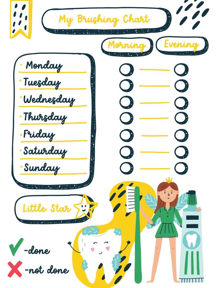 Diagramme zum Zähneputzen für Kinder. Kinder-Notizblock-Zeitplanvorlage mit Charakterfeenzahn. flache illustrationscliparts der vektorkarikatur vektor