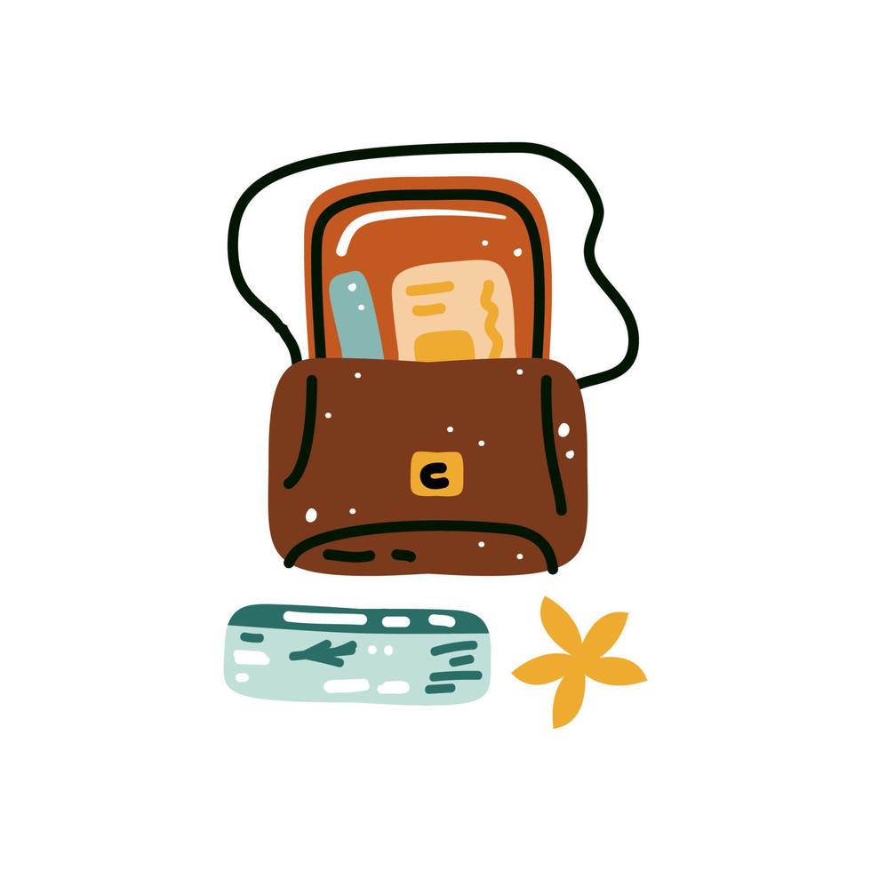 Reisematerial. Urlaub Ferien. Handtasche für Reise- und Flugtickets vektor