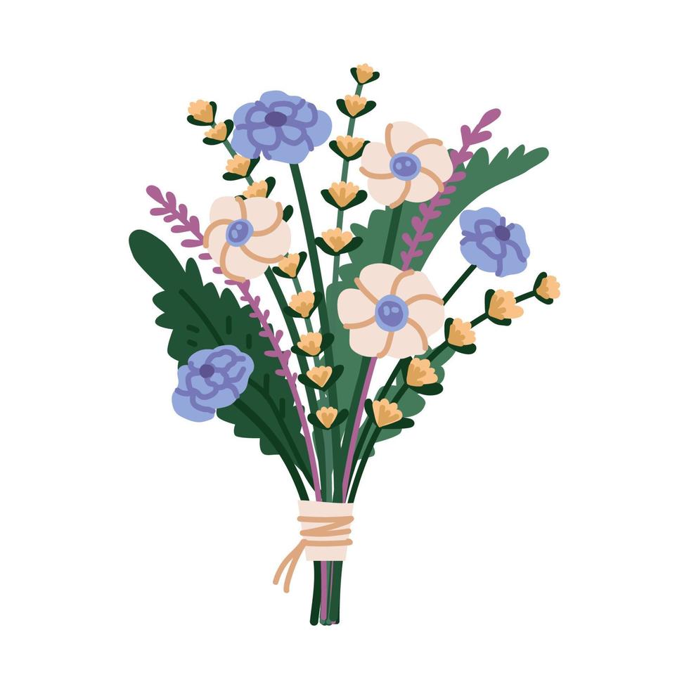 vacker bukett med trädgård och vilda blommor platt vektorillustration. vektor