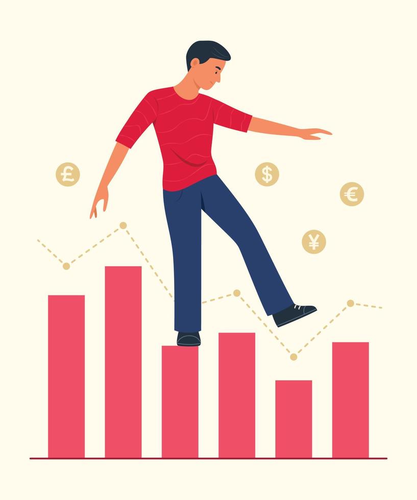 geschäftsmann, der vorsichtig auf abnehmender balkendiagramm-konzeptillustration geht vektor