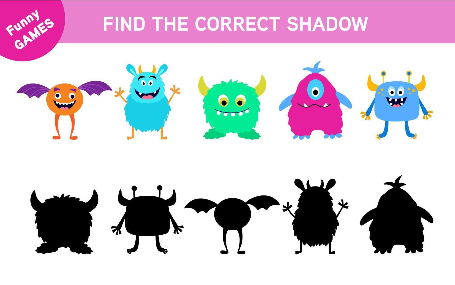 Finde das richtige Paar oder Schattenspiel mit lustigen bunten Monstern. arbeitsblatt für vorschulkinder, kinderaktivitätsblatt, druckbare aufgabe. vektor