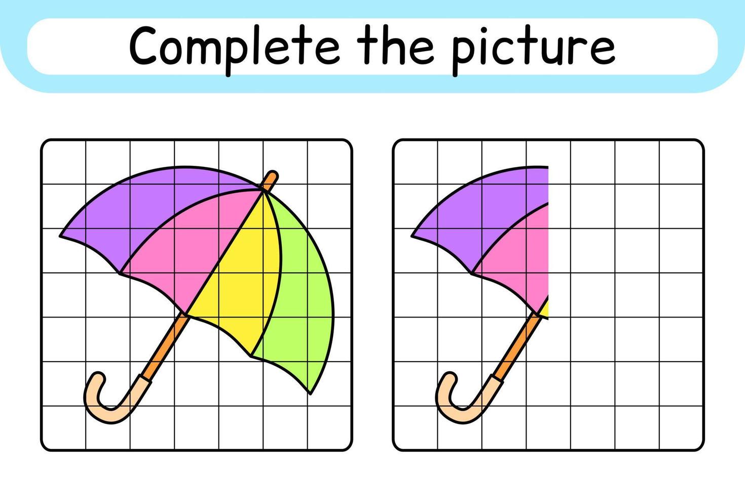 komplettera bildparaplyet. kopiera bilden och färgen. avsluta bilden. målarbok. pedagogiskt ritövningsspel för barn vektor