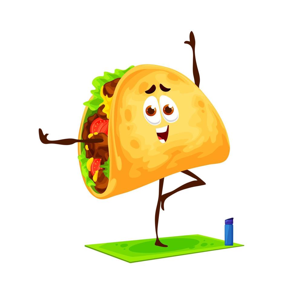 Mexikanische Tacos-Zeichentrickfigur auf Yoga-Fitness vektor