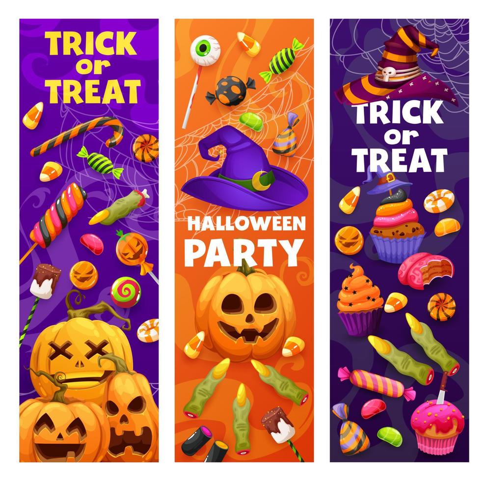 halloween-feiertagsbanner, süßigkeiten und bonbons vektor