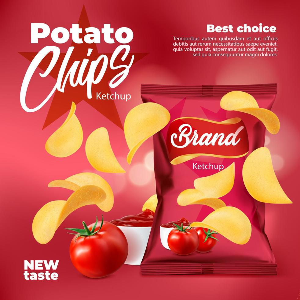 realistisk ketchup smaksatt potatis pommes frites paket vektor