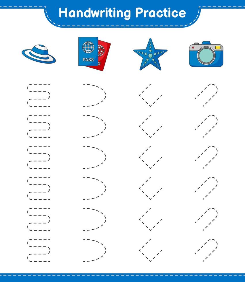 Handschrift üben. Verfolgen Sie die Linien von Hut, Pass, Seestern und Kamera. pädagogisches kinderspiel, druckbares arbeitsblatt, vektorillustration vektor