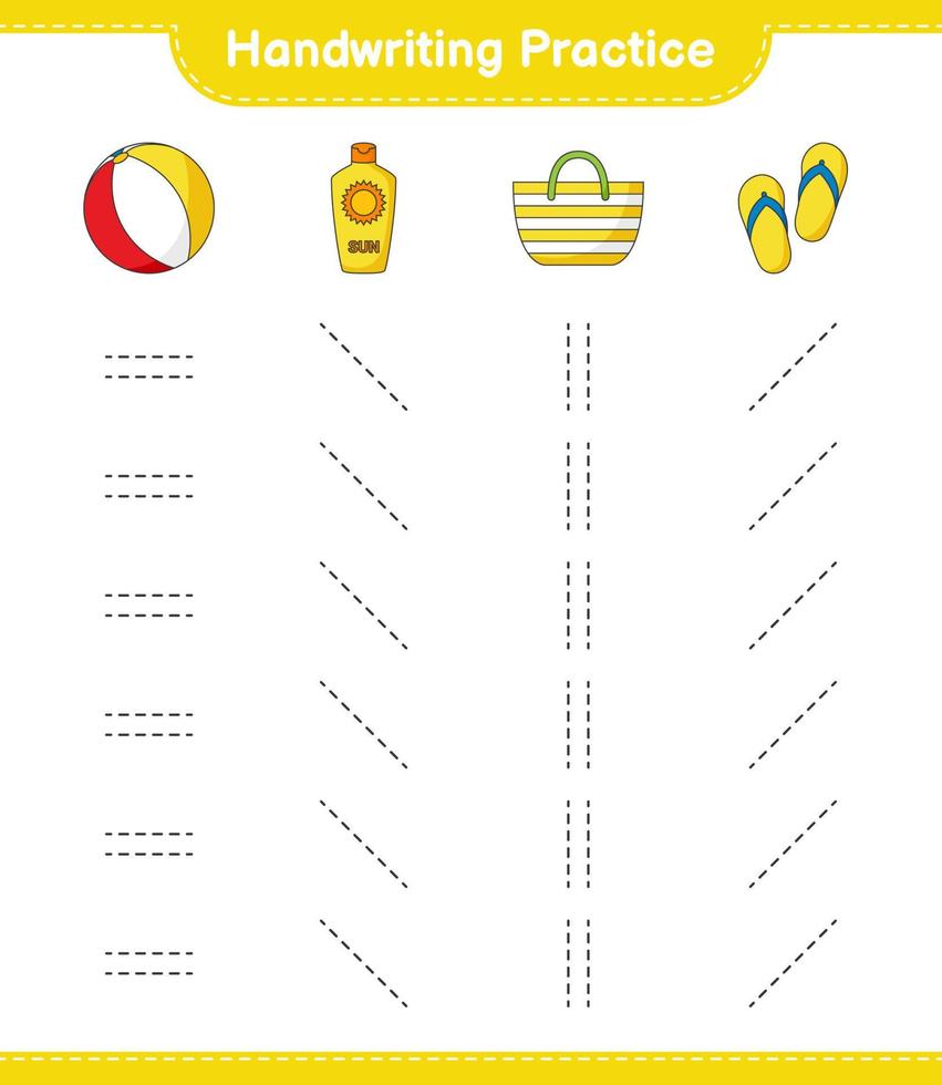 Handschrift üben. Verfolgen Sie Linien von Ball, Sonnencreme, Bad und Pantoffel. pädagogisches kinderspiel, druckbares arbeitsblatt, vektorillustration vektor