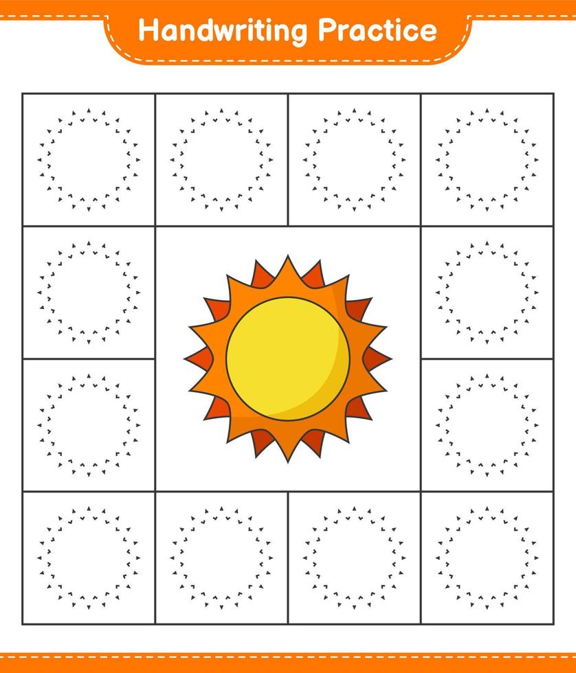 Handschrift üben. Sonnenlinien nachzeichnen. pädagogisches kinderspiel, druckbares arbeitsblatt, vektorillustration vektor