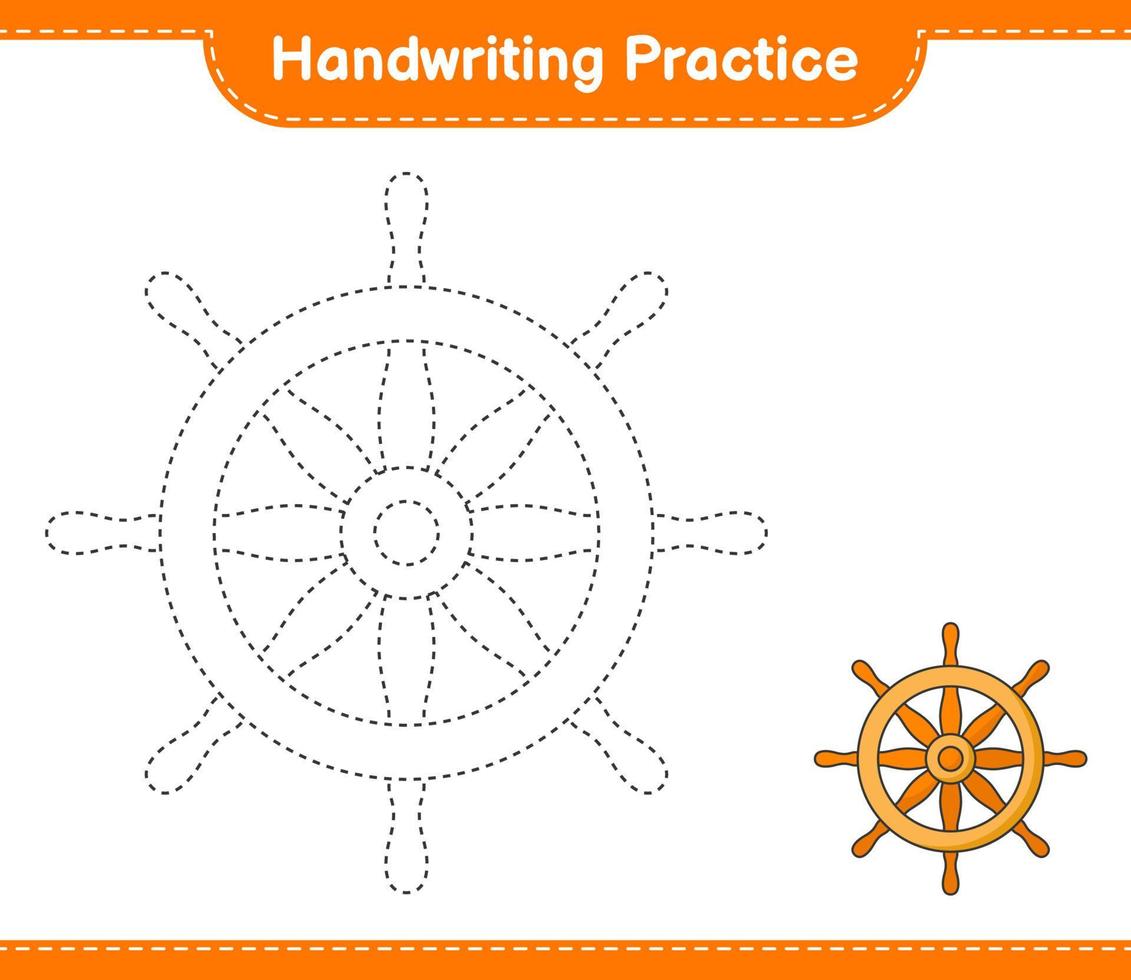 handstil öva. spårande rader av fartyg styrning hjul. pedagogisk barn spel, tryckbar arbetsblad, vektor illustration
