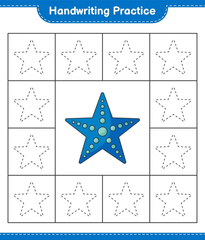 Handschrift üben. Spuren von Seesternen verfolgen. pädagogisches kinderspiel, druckbares arbeitsblatt, vektorillustration vektor