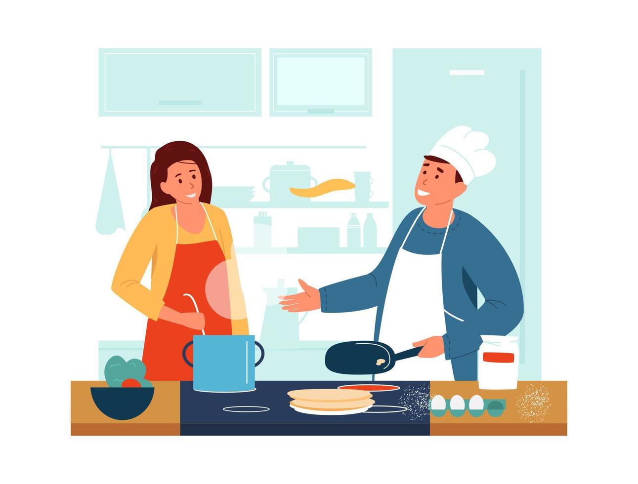 Lycklig par matlagning tillsammans i de kök. man i förkläde och kockens hatt framställning pannkakor, kvinna framställning soppa. Hem familj aktiviteter. platt vektor illustration.